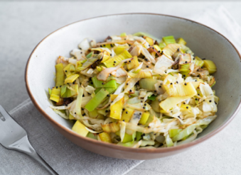 Charred leek and cabbage with mustard seeds